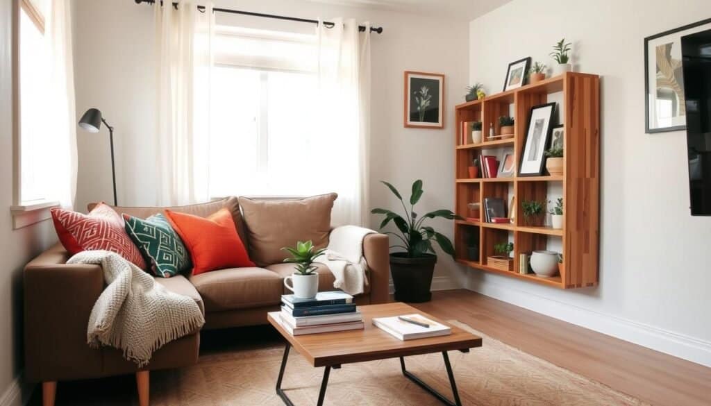 A cozy, budget-friendly small space transformation showcasing a stylish living area. In the foreground, there's a compact sofa adorned with vibrant throw pillows and a light, textured blanket, alongside a wooden coffee table with a few plants and decorative books. The middle ground features a modular shelving unit made of reclaimed wood, creatively displaying small potted plants and framed art. The background reveals a bright, airy window with sheer curtains allowing soft, natural light to flood the space, enhancing the feeling of openness. The walls are painted in light, neutral tones, with pops of color from wall art, creating an inviting atmosphere. The overall mood is warm and welcoming, perfect for showcasing practical yet stylish small space ideas.