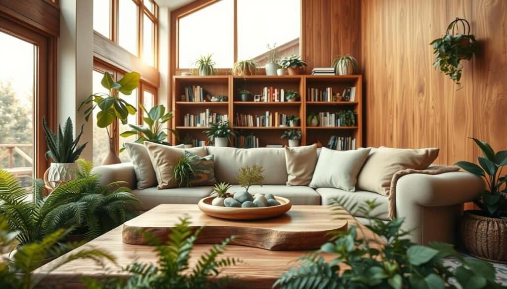 A cozy earthy living room showcasing a harmonious blend of plants and warm wood accents. In the foreground, a comfortable, rustic sofa adorned with soft, earth-toned cushions, surrounded by lush green potted plants like ferns and succulents. The middle layer features a wooden coffee table with a natural finish, displaying a decorative bowl filled with stones and small plants. In the background, large windows allow soft, golden daylight to filter in, illuminating the textured wood paneling and a neatly arranged bookshelf filled with books and additional greenery. The atmosphere is inviting and tranquil, perfect for a serene indoor escape, captured with a wide-angle lens to emphasize the spaciousness.
