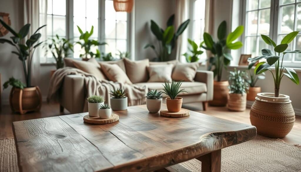 A cozy eco-friendly living space featuring sustainable home decor elements. In the foreground, a reclaimed wooden coffee table adorned with potted plants and natural fiber coasters. The middle ground showcases a comfortable sofa draped with organic cotton throws, complemented by cushions made from recycled materials. A subtly patterned rug made of jute adds warmth beneath. In the background, large windows allow soft, diffused daylight to illuminate the space, highlighting green indoor plants that promote air purity. The atmosphere is serene and inviting, created with warm earth tones and minimalist design. Use a wide-angle lens to capture the full ambiance, emphasizing a harmonious blend of nature and comfort in this tranquil retreat. A cozy eco-friendly living space featuring sustainable home decor elements. In the foreground, a reclaimed wooden coffee table adorned with potted plants and natural fiber coasters. The middle ground showcases a comfortable sofa draped with organic cotton throws, complemented by cushions made from recycled materials. A subtly patterned rug made of jute adds warmth beneath. In the background, large windows allow soft, diffused daylight to illuminate the space, highlighting green indoor plants that promote air purity. The atmosphere is serene and inviting, created with warm earth tones and minimalist design. Use a wide-angle lens to capture the full ambiance, emphasizing a harmonious blend of nature and comfort in this tranquil retreat.