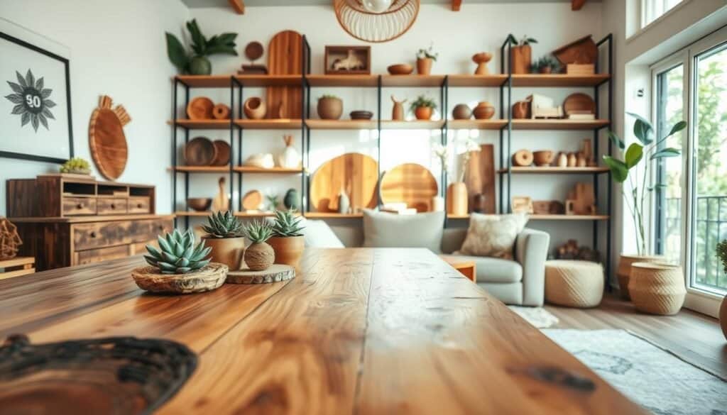 A cozy, eco-friendly living space showcasing various sustainable wood options for homeowners. In the foreground, a beautifully crafted dining table made from reclaimed wood, adorned with potted succulents and natural fibers. In the middle, display shelves filled with elegant wooden decor, featuring bamboo and FSC-certified timber pieces. The background reveals a sunlit room with large windows inviting soft, warm daylight, highlighting the grain of the wood and casting gentle shadows. Use a wide-angle lens for depth, capturing the harmonious blend of nature and comfort. The mood is inviting and serene, emphasizing eco-conscious living and the beauty of sustainable materials in home decor. No people in the scene, only elements that inspire a cozier vibe through sustainable choices.