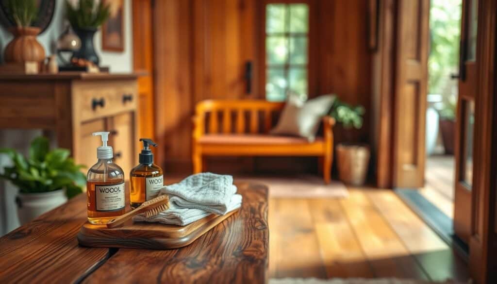 A cozy entryway adorned with elegant wood elements, showcasing various care items like wood oil, soft cloths, and a small brush neatly placed on a rustic wooden table. In the foreground, a beautifully crafted wooden console table with a natural finish and intricate grain detail. The middle ground features a warm-toned wooden bench with a plush cushion, inviting and ready for use. In the background, softly blurred greenery visible through a window adds a serene touch. Warm, diffused lighting floods the scene, creating a welcoming atmosphere, while a slight depth of field focuses the viewer's attention on the care items and the texture of the wood. The overall mood evokes tranquility and warmth, highlighting the beauty of well-maintained wood details in home décor. A cozy entryway adorned with elegant wood elements, showcasing various care items like wood oil, soft cloths, and a small brush neatly placed on a rustic wooden table. In the foreground, a beautifully crafted wooden console table with a natural finish and intricate grain detail. The middle ground features a warm-toned wooden bench with a plush cushion, inviting and ready for use. In the background, softly blurred greenery visible through a window adds a serene touch. Warm, diffused lighting floods the scene, creating a welcoming atmosphere, while a slight depth of field focuses the viewer's attention on the care items and the texture of the wood. The overall mood evokes tranquility and warmth, highlighting the beauty of well-maintained wood details in home décor.
