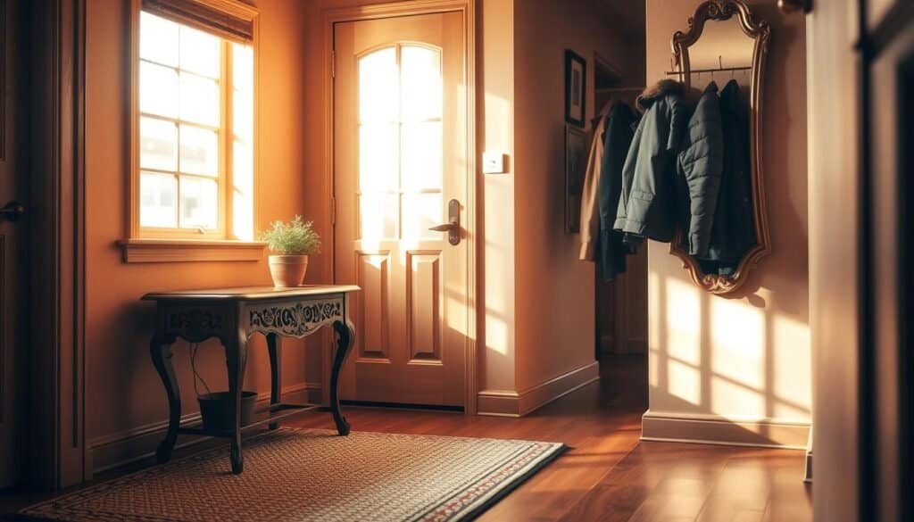 A cozy entryway featuring a small wooden accent table with intricate carvings, placed against a warm, neutral-toned wall. In the foreground, a textured woven rug adds comfort beneath the table, where a small potted plant contrasts with the rich wood tones. The middle ground showcases a welcoming hallway bathed in soft, golden light filtering through a nearby window, creating gentle shadows that enhance the warmth of the wood. In the background, a vintage mirror reflects the inviting ambiance, while a soft-focus on a coat rack lined with neatly hung jackets adds to the lived-in feel. The atmosphere is serene and welcoming, conveying instant warmth and comfort, perfect for brightening up a cold space.