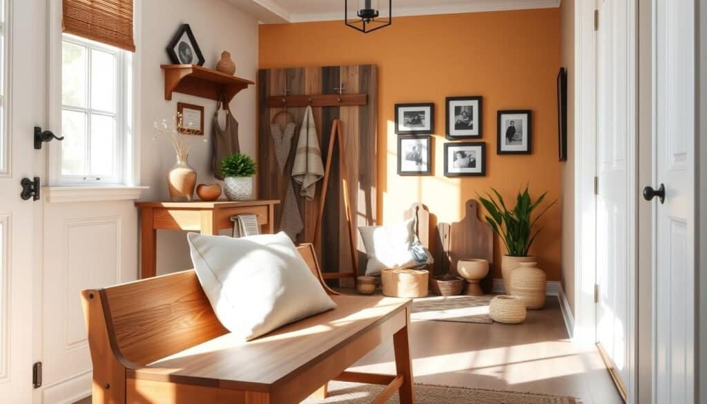 A cozy entryway featuring a variety of budget-friendly wood accents, including a stylish wooden console table, a chic wall-mounted coat rack, and decorative wooden planks. The scene is set in a bright, natural-light atmosphere, with sunbeams filtering through a nearby window, casting soft shadows. In the foreground, display an inviting wooden bench adorned with a plush, neutral-colored cushion. In the middle ground, position an assortment of rustic wooden decor items, such as a small potted plant and a handcrafted wooden bowl. The background should reveal a warmly painted wall with framed black-and-white photographs. Capture the image from an angle that highlights the depth of the entryway, creating a welcoming and homely mood.