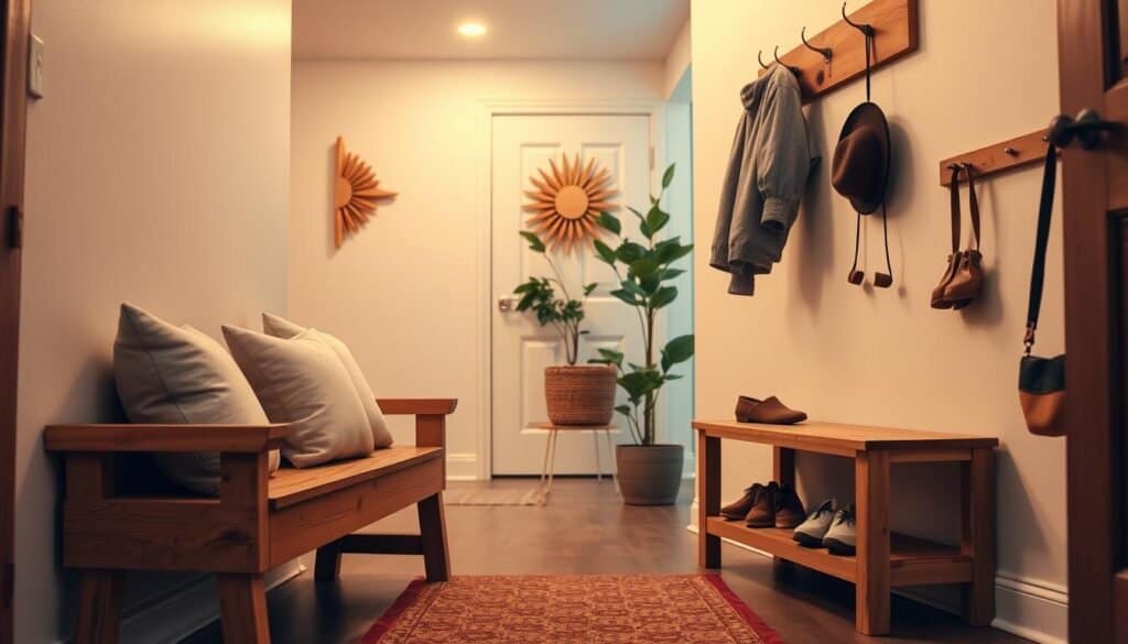A cozy entryway featuring budget-friendly wood accents. In the foreground, a rustic wooden bench with a warm finish sits against a light-colored wall, adorned with plush cushions. To the right, a small wooden coat rack with a natural texture holds a few jackets and a hat. In the middle, a simple wooden shoe shelf displays neatly organized shoes, complemented by a woven basket for storage. The background features a softly lit entryway with a potted plant and a subtle decorative wooden wall art piece enhancing the natural feel. The overall atmosphere is inviting and serene, with warm, diffuse lighting to create a sense of warmth and comfort. The angle is slightly overhead, capturing both the details of the wood accents and the welcoming space. A cozy entryway featuring budget-friendly wood accents. In the foreground, a rustic wooden bench with a warm finish sits against a light-colored wall, adorned with plush cushions. To the right, a small wooden coat rack with a natural texture holds a few jackets and a hat. In the middle, a simple wooden shoe shelf displays neatly organized shoes, complemented by a woven basket for storage. The background features a softly lit entryway with a potted plant and a subtle decorative wooden wall art piece enhancing the natural feel. The overall atmosphere is inviting and serene, with warm, diffuse lighting to create a sense of warmth and comfort. The angle is slightly overhead, capturing both the details of the wood accents and the welcoming space.