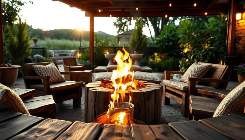 A cozy fire pit surround crafted from reclaimed wood, prominently featured in the foreground, showcasing rich textures and rustic charm. The wood has weathered hues of deep browns and grays, harmoniously arranged in a circular shape around a crackling fire. Surrounding the fire pit, a few comfortable seating options like simple wooden benches or woven cushions enhance the inviting atmosphere. In the middle ground, soft, flickering flames cast warm, golden light, illuminating the scene and creating a serene glow. The background reveals a lush, green garden, dotted with various plants and soft landscape lighting that adds to the warmth. The scene is bathed in the soft light of sunset, evoking a tranquil and welcoming ambiance, perfect for gathering with friends and family.