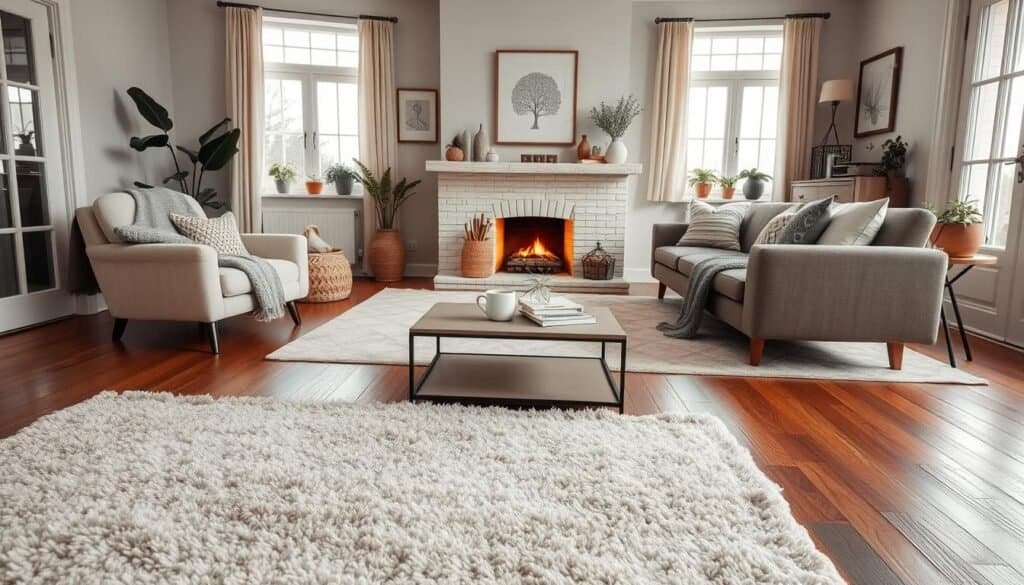 A cozy house interior featuring a warm, inviting living room. In the foreground, a soft, plush area rug with a mix of neutral tones lays on rich wooden flooring. To the left, a comfortable armchair in a pastel color accented by a knitted throw and decorative cushions. In the middle ground, a stylish coffee table holds a steaming mug and a few well-loved books, surrounded by a chic sectional sofa adorned with patterned pillows. The backdrop reveals a softly glowing fireplace nestled within a tastefully decorated mantel, surrounded by potted plants and framed art. Gentle, natural light streams through large windows, creating a serene atmosphere filled with warmth and tranquility. Capture this scene using a bright, soft focus lens while maintaining a wide-angle perspective to highlight the inviting atmosphere.