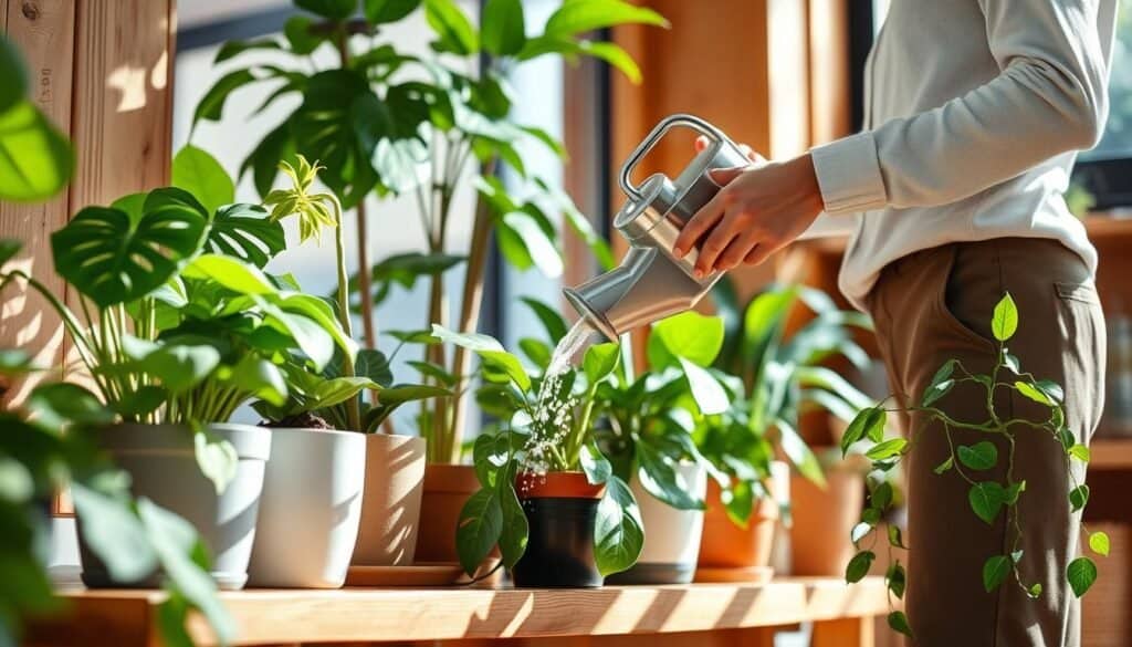 A cozy indoor scene featuring a variety of vibrant indoor plants, such as a fiddle leaf fig, pothos, and snake plant, placed on a rustic wooden shelf. In the foreground, a person wearing comfortable yet professional attire gently waters a plant with a stylish watering can. The mid-ground highlights a well-lit room with natural light streaming through a large window, illuminating the greenery and casting gentle shadows. The background showcases warm wood accents and earthy tones, enhancing the serene atmosphere. Soft focus on the plants and warm, inviting colors create a refreshing ambiance, ideal for a home setting. The overall mood is peaceful and nurturing, perfect for conveying tips on indoor plant care without any text or overlays.