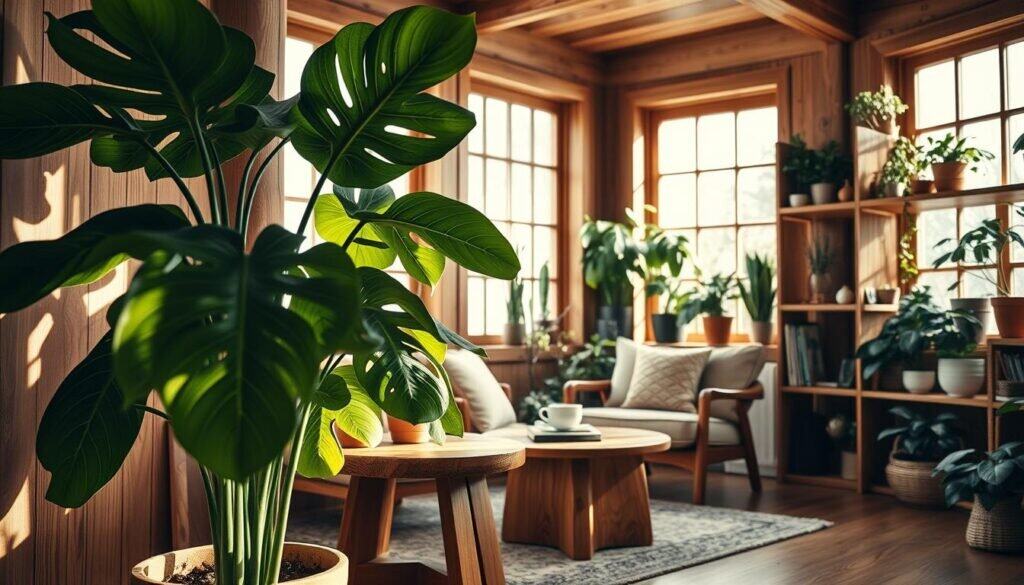 A cozy indoor scene featuring a well-maintained plant and warm wood accents. In the foreground, a large, lush potted Monstera plant with rich green leaves stands beside a handcrafted wooden side table, showcasing beautiful grain patterns. The middle layer includes a softly-lit reading nook, highlighted by a comfortable armchair adorned with earth-toned cushions and a wooden bookshelf filled with various plants and gardening books. In the background, large windows allow natural light to pour in, casting gentle shadows and creating a tranquil atmosphere. The setting evokes a sense of peace and connection to nature, enhanced by soft, warm tones throughout. Photographed in a realistic style with a shallow depth of field, capturing the intimate details of the wood grain and the vibrant leaves.