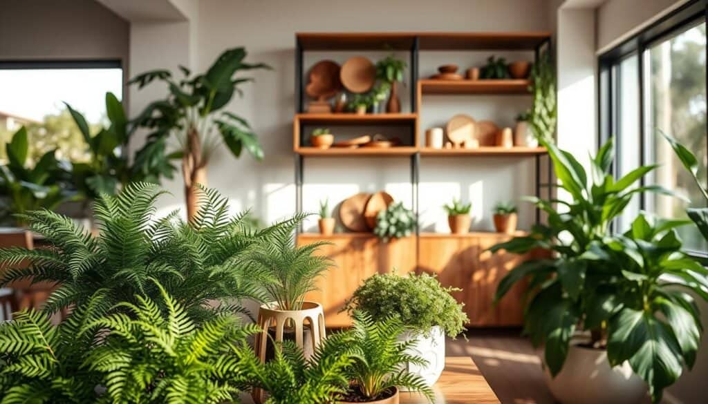 A cozy indoor setting featuring a harmonious arrangement of lush green plants paired with elegant wood accents. In the foreground, a variety of potted plants, such as ferns and succulents, are placed on a warm, rustic wooden table. The middle ground showcases a stylish wooden shelving unit, displaying more plants and decorative wooden pieces, creating a sense of warmth and tranquility. The background includes soft, diffused natural light streaming in through a large window, casting gentle shadows and highlighting the textures of the wood and leaves. The atmosphere is serene and inviting, evoking a connection to nature within the indoor space. The overall color palette blends rich greens with the warm tones of the wood.