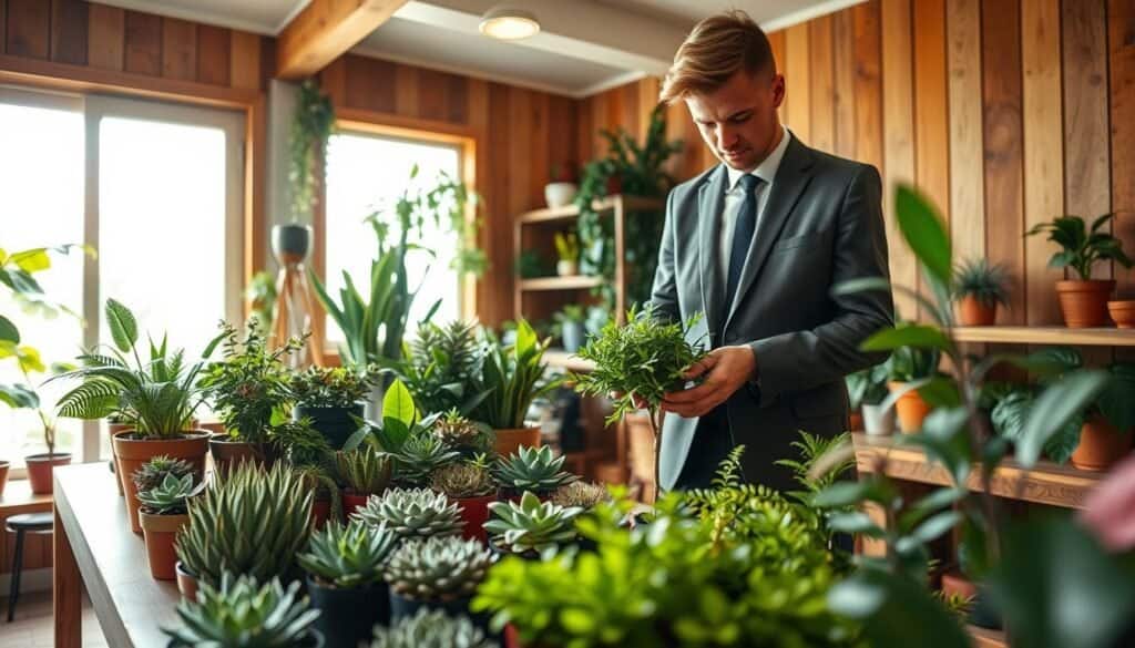 A cozy indoor setting with a beautifully arranged plant selection on a wooden table. In the foreground, a person in smart casual attire is carefully examining a small, lush green potted plant, surrounded by various options including succulents, ferns, and flowering plants. In the middle ground, a well-lit display showcases different plant pots, each with unique textures and colors. The background features a sunny window with soft, natural light streaming in, highlighting the vibrant greens and warm wood tones of the room. The atmosphere conveys a sense of tranquility and inspiration, inviting the viewer to explore the harmonious connection between plants and interior spaces. The angle captures the scene from a slightly elevated perspective, focusing on the interaction between the person and the plants.