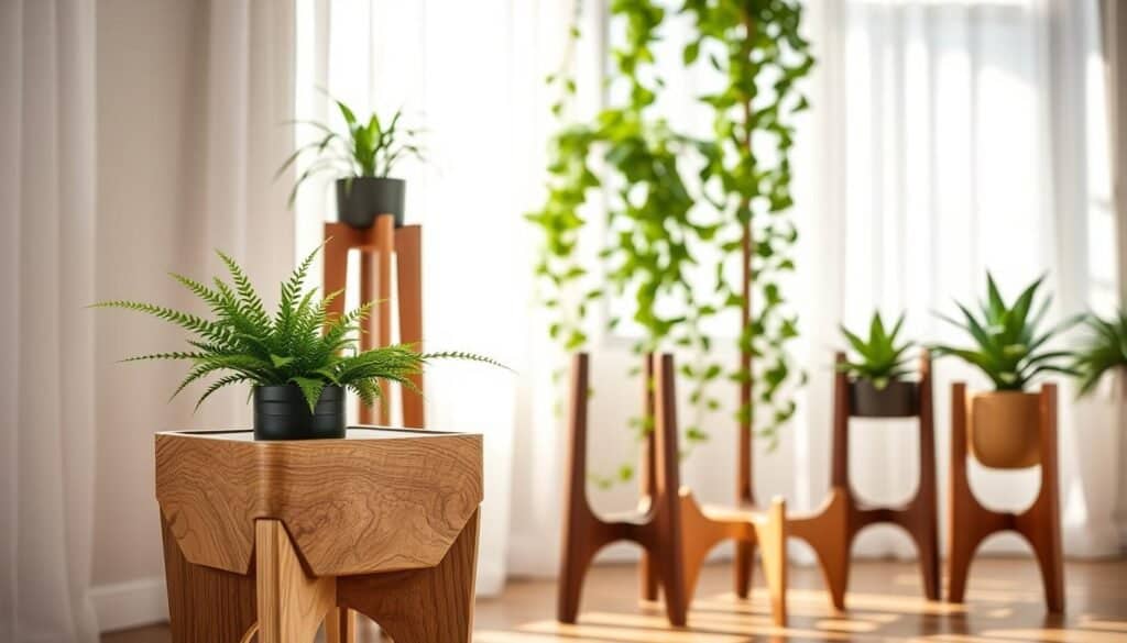 A cozy interior scene featuring elegant wooden plant stands in various heights, showcasing a variety of lush green plants, such as ferns and succulents. In the foreground, highlight a beautifully crafted, light-colored wooden stand with intricate grain patterns, adorned with a thriving potted plant. In the middle, place a slightly taller dark wooden stand with a cascade of vine plants. The background features a soft-focus window with gentle sunlight filtering through sheer curtains, casting a warm, inviting glow on the wooden textures. The overall atmosphere should evoke tranquility and natural beauty, blending rustic charm with modern home décor aesthetics. Use a slightly elevated angle to emphasize the depth of the scene, inviting viewers to imagine the serenity of this grounded space.