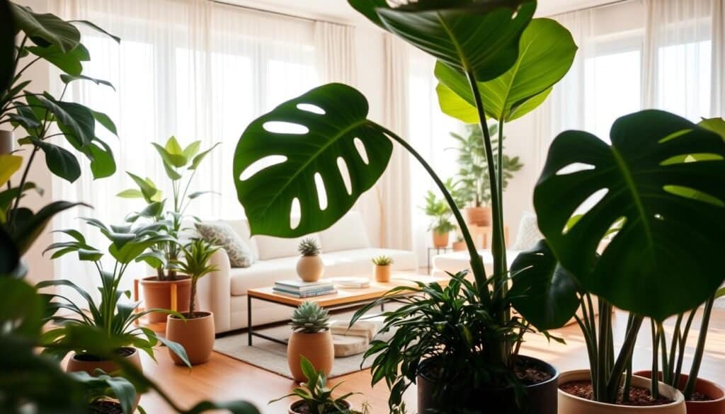 A cozy interior space featuring a variety of lush green plants in beautifully arranged pots. In the foreground, a large fiddle leaf fig with broad leaves, and a small succulent collection on a minimalist wooden shelf. The middle features a stylish, modern coffee table adorned with a decorative plant and a few books. In the background, soft natural light streams through large windows adorned with sheer curtains, illuminating the room's light-colored walls and wooden flooring. The ambiance is tranquil and inviting, evoking a sense of balance and harmony. The scene is captured from a slightly elevated angle, showcasing the plants’ vibrant colors against the airy, well-lit setting. Emphasize a bright, cheerful atmosphere with warm tones and gentle shadows.