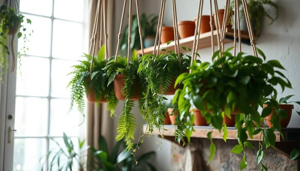 A cozy, inviting living space featuring a variety of hanging plants artfully displayed. In the foreground, macramé hangers cradle lush green ferns and trailing pothos, their leaves cascading elegantly. The middle ground shows a rustic wooden shelf adorned with terracotta pots, complementing the natural aesthetic. In the background, soft, diffused sunlight streams through a large window, casting gentle shadows and creating a serene atmosphere. A touch of greenery peeks through the window, hinting at an outdoor garden. The composition captures a harmonious blend of nature and home décor, evoking a peaceful and refreshing vibe, perfect for uplifting any indoor environment. The focus is sharp, emphasizing the rich textures of the plants and materials, while maintaining a warm, inviting color palette. A cozy, inviting living space featuring a variety of hanging plants artfully displayed. In the foreground, macramé hangers cradle lush green ferns and trailing pothos, their leaves cascading elegantly. The middle ground shows a rustic wooden shelf adorned with terracotta pots, complementing the natural aesthetic. In the background, soft, diffused sunlight streams through a large window, casting gentle shadows and creating a serene atmosphere. A touch of greenery peeks through the window, hinting at an outdoor garden. The composition captures a harmonious blend of nature and home décor, evoking a peaceful and refreshing vibe, perfect for uplifting any indoor environment. The focus is sharp, emphasizing the rich textures of the plants and materials, while maintaining a warm, inviting color palette.