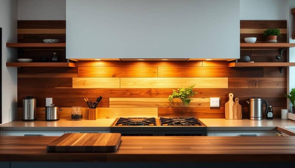 A cozy kitchen featuring a wooden backsplash as a bold accent wall, showcasing various types of wood textures such as reclaimed barn wood, smooth walnut, and vibrant cedar in a harmonious arrangement. In the foreground, include a well-designed kitchen countertop with modern appliances and a rustic wood cutting board. The middle ground highlights the stunning wooden backsplash illuminated by soft, warm lighting, enhancing the inviting atmosphere. In the background, a hint of greenery from potted herbs on the windowsill adds freshness. Capture the scene with a slightly elevated angle to emphasize the craftsmanship of the backsplash while creating a homey, welcoming mood. Ensure realistic colors and natural lighting reflect the warmth of wood in home décor, free of any text or overlays.