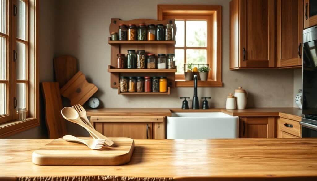 A cozy kitchen scene showcasing the elegance of natural wood accents. In the foreground, a beautifully crafted wooden cutting board and a set of hand-carved utensils rests on a rustic countertop, reflecting warm, natural tones. The middle section features a charming wooden spice rack mounted on the wall, adorned with glass jars filled with vibrant spices, each jar framed with subtle rustic elements. In the background, soft, diffused light filters through a window, illuminating wooden cabinets and a sleek farmhouse sink. The atmosphere is inviting and homey, evoking the timeless beauty of natural wood in kitchen design. The composition should be captured with a 35mm lens to create a warm and intimate feel, avoiding any text or markings in the image.
