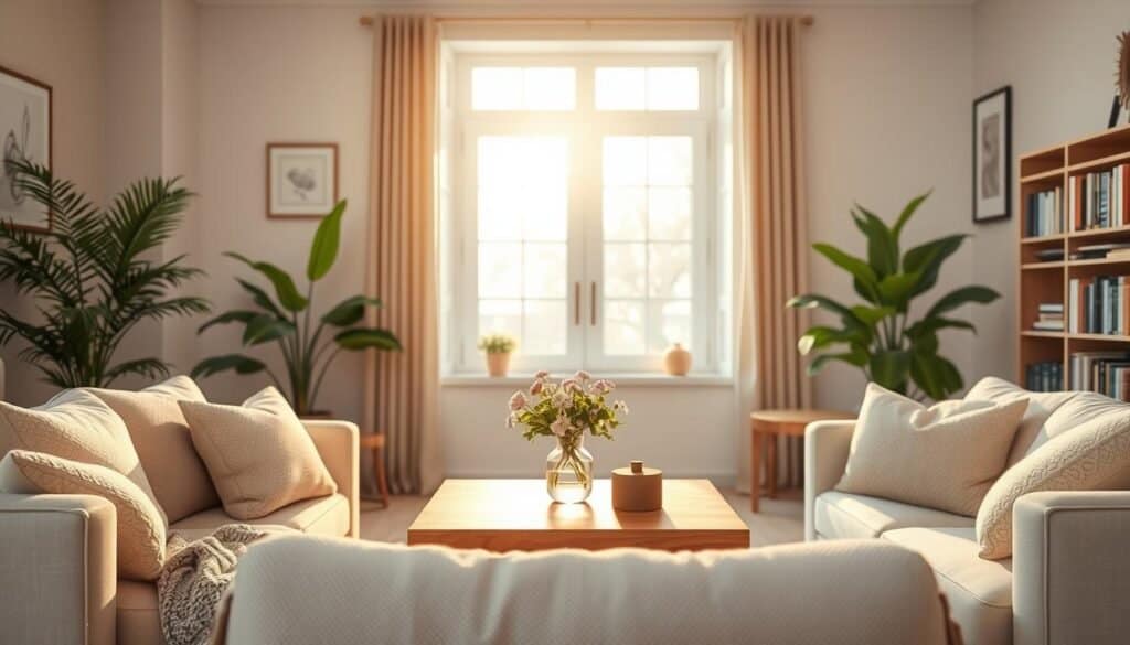 A cozy living room featuring a warm, inviting atmosphere. In the foreground, a soft, light-colored sofa adorned with plush throw pillows and a textured blanket. A wooden coffee table sits in the center, with a small vase of fresh flowers adding a touch of nature. In the middle, a large window lets in soft, golden light, illuminating the room with a gentle glow. On either side, potted green plants bring life into the space. The background features subtle artwork on the walls in muted tones, and a bookshelf filled with well-loved books. The overall mood is tranquil and serene, evoking a sense of subtle changes that refresh the home without feeling disruptive. The scene is captured with a soft focus lens to enhance the warm, inviting atmosphere. A cozy living room featuring a warm, inviting atmosphere. In the foreground, a soft, light-colored sofa adorned with plush throw pillows and a textured blanket. A wooden coffee table sits in the center, with a small vase of fresh flowers adding a touch of nature. In the middle, a large window lets in soft, golden light, illuminating the room with a gentle glow. On either side, potted green plants bring life into the space. The background features subtle artwork on the walls in muted tones, and a bookshelf filled with well-loved books. The overall mood is tranquil and serene, evoking a sense of subtle changes that refresh the home without feeling disruptive. The scene is captured with a soft focus lens to enhance the warm, inviting atmosphere.