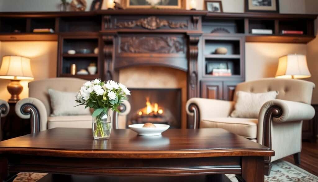 A cozy living room featuring beautifully crafted wooden furniture pieces as the focal point. In the foreground, a polished dark wood coffee table adorned with a simple vase of fresh flowers, alongside a pair of plush, inviting armchairs upholstered in neutral tones. In the middle, a rustic wooden sideboard with intricate craftsmanship, displaying tasteful décor items. The background showcases a warm fireplace, glowing softly, with a wooden mantel decorated with candles and framed photographs. The lighting is soft and inviting, creating a calm ambiance. The overall mood is warm and welcoming, perfect for relaxation and comfort, captured from a slightly elevated angle to encompass the entirety of the space.