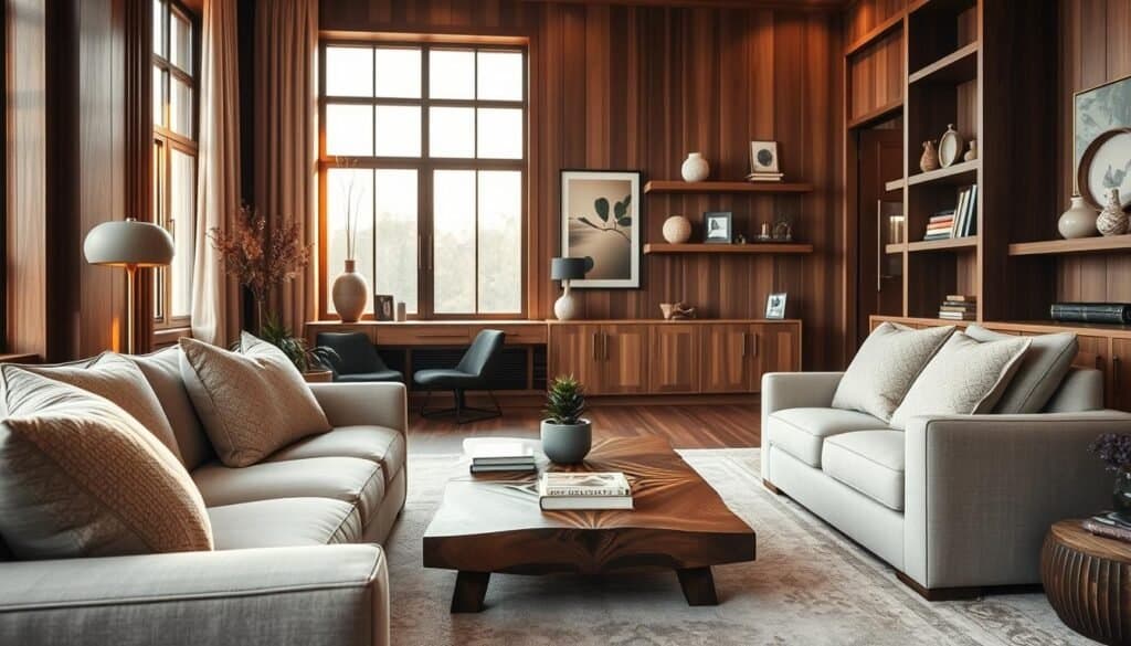 A cozy living room featuring elegant wooden accents that evoke warmth and sophistication. In the foreground, a plush, oversized sofa with neutral fabric, adorned with soft throw pillows, invites relaxation. The middle layer showcases a handcrafted wooden coffee table with intricate designs, displaying a small potted plant and a few stylish books. On the surrounding walls, rich wooden paneling and floating shelves display tasteful décor elements, such as framed artwork and decorative vases. In the background, large windows allow soft, natural light to cascade into the room, enhancing the inviting atmosphere. The lighting is warm and golden, creating a tranquil and homely feel. Capture the scene with a slight angle from the corner of the room to emphasize the depth and dimensions, showcasing the harmony between modern and rustic elements in the space.