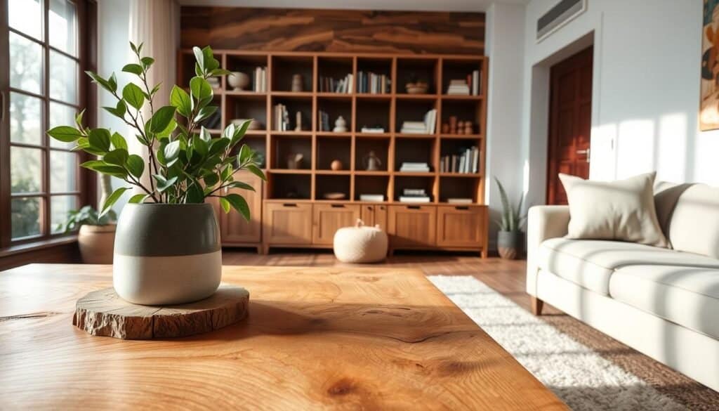 A cozy living room featuring natural wood details, showcasing beautifully crafted oak and cedar accents in furniture and decor. In the foreground, a rustic wooden coffee table with intricate grain patterns holds a ceramic vase with lush green plants. The middle ground highlights a stylish wooden bookshelf filled with books and decorative items, harmonizing with a wooden accent wall that adds warmth to the space. Soft natural light spills in from a large window, casting gentle shadows and enhancing the textures of the wood. In the background, a plush sofa with neutral tones complements the wooden elements, creating a serene and inviting atmosphere. The overall mood feels tranquil and harmonious, emphasizing the transformative power of natural wood in interior design.