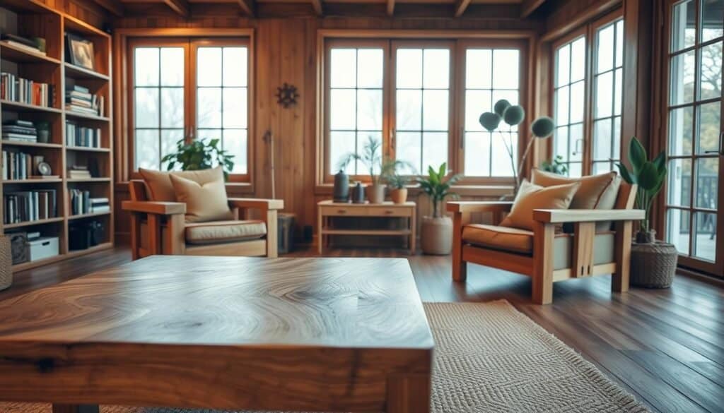 A cozy living room featuring stunning wooden furniture as the focal point. In the foreground, a solid oak coffee table, intricately grained, placed atop a soft, woven area rug. In the middle ground, a pair of matching wooden armchairs, adorned with plush cushions in warm earth tones, inviting relaxation. The background showcases a wooden bookshelf filled with neatly arranged books and a few decorative plants, enhancing the natural aesthetic. Soft, ambient lighting filters through large windows, casting gentle shadows and creating a warm, welcoming atmosphere. The scene captures the essence of comfort and tranquility, ideal for illustrating the warmth that wooden elements bring to a living space. Use a wide-angle perspective to emphasize the inviting layout of the room.