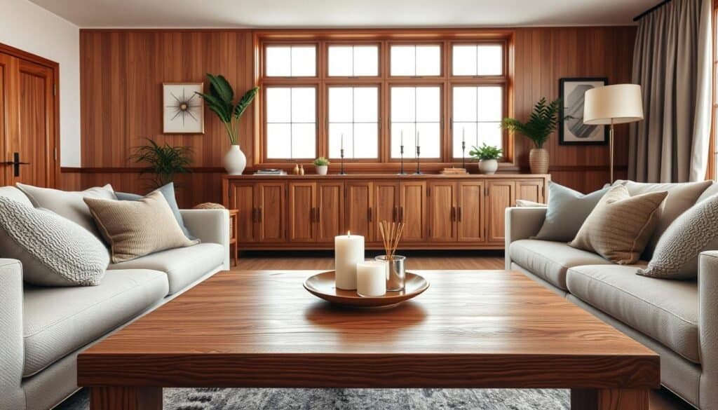 A cozy living room featuring warm wooden decor, showcasing a beautifully crafted wooden coffee table as the focal point in the foreground. Surrounding the table, plush, neutral-toned couches invite relaxation, adorned with soft, textured throw pillows. A rich wooden console table lines the back wall, decorated with small potted plants and stylish candles, adding depth and warmth. Large windows in the background let in soft, natural light, casting gentle shadows and creating an inviting atmosphere. The scene is captured with a wide-angle lens, emphasizing the harmony of the wooden features and the inviting ambiance of the room, creating a sense of warmth and comfort that suggests a welcoming home environment.