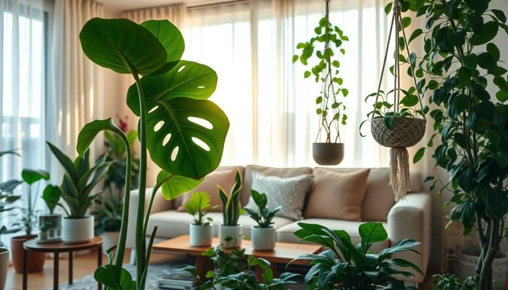 A cozy living room filled with various indoor plants, including a tall, leafy fiddle leaf fig in the foreground, sleek snake plants in stylish pots on a wooden side table, and a cascading pothos hanging in a macrame holder. In the middle ground, a soft, plush sofa with neutral tones harmonizes with the green hues of the foliage. The background features a large window draped with sheer curtains, allowing warm, natural light to flood in, creating inviting shadows across the space. The atmosphere is serene and refreshing, highlighting a blend of modern decor with nature. The scene is captured from a slightly elevated angle, emphasizing the arrangement of plants and their interaction with the living space. A cozy living room filled with various indoor plants, including a tall, leafy fiddle leaf fig in the foreground, sleek snake plants in stylish pots on a wooden side table, and a cascading pothos hanging in a macrame holder. In the middle ground, a soft, plush sofa with neutral tones harmonizes with the green hues of the foliage. The background features a large window draped with sheer curtains, allowing warm, natural light to flood in, creating inviting shadows across the space. The atmosphere is serene and refreshing, highlighting a blend of modern decor with nature. The scene is captured from a slightly elevated angle, emphasizing the arrangement of plants and their interaction with the living space.