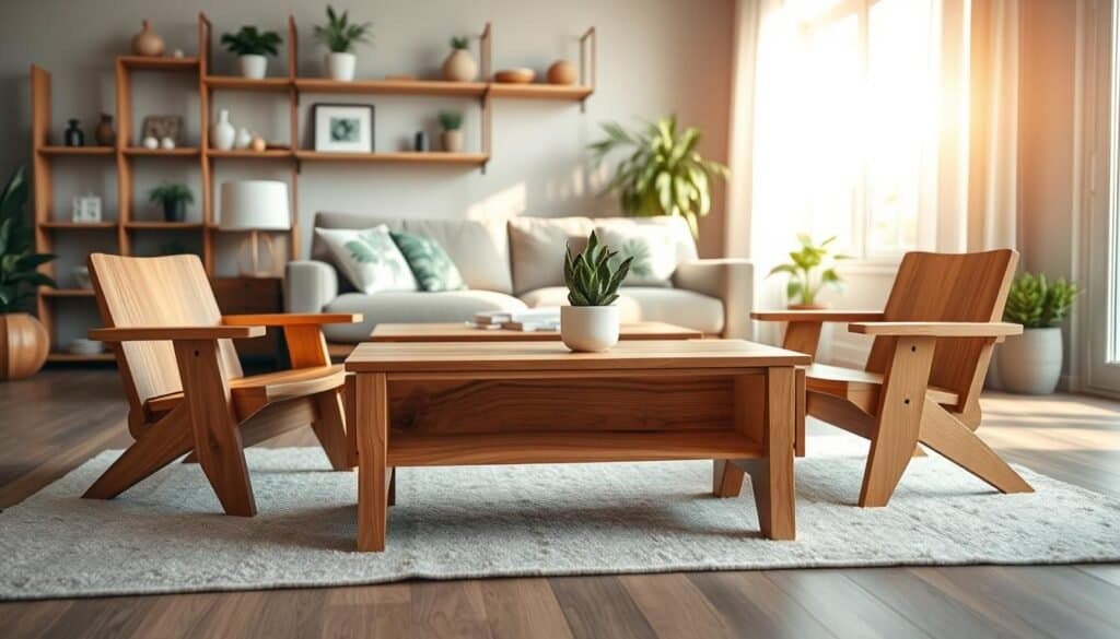 A cozy living room scene featuring beautifully crafted wooden furniture highlighting simple wood details. In the foreground, a handcrafted wooden coffee table with natural grain patterns sits atop a soft area rug. Flanking the table are two elegant wooden side chairs with minimalist designs. In the middle ground, a cozy sofa adorned with plant-themed cushions provides a relaxing vibe. A lush green potted plant sits in one corner, adding a breath of fresh air. The background showcases a stylish wooden shelving unit displaying curated decor items. The lighting is warm and inviting, streaming in from a large window, casting soft shadows. The atmosphere is tranquil and rejuvenating, embodying a perfect blend of natural materials and comfort.