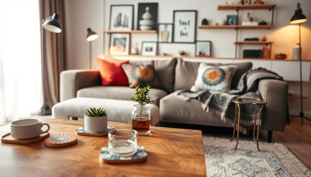 A cozy living room scene focusing on stylish accent pieces that enhance the decor. In the foreground, a beautifully crafted wooden coffee table adorned with elegant coasters, a small potted plant, and a stylish coffee cup. The middle ground features a plush sofa with vibrant throw pillows and a decorative blanket, alongside a sleek floor lamp casting warm light. In the background, minimalist shelves display curated art pieces, books, and small sculptures. Soft, natural lighting filters through sheer curtains, creating an inviting atmosphere. The overall mood is warm and welcoming, emphasizing the impact that thoughtful accents can have on home decor.