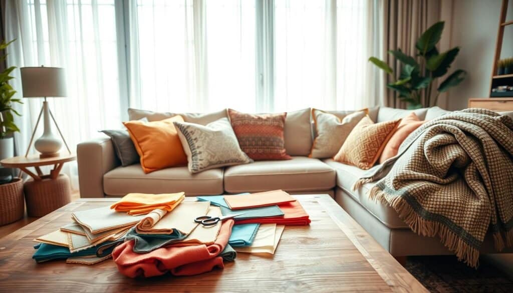 A cozy living room scene showcasing DIY textile projects like vibrant pillows, soft throws, and elegant curtains. In the foreground, a well-crafted wooden coffee table holds an assortment of colorful fabric swatches, scissors, and sewing tools, inviting creativity. The middle ground features a stylish sectional sofa adorned with various textured pillows in warm hues, complemented by a patterned throw draped over the arm. Behind, large windows dressed in light-filtering sheer curtains allow natural sunlight to illuminate the space, creating a warm, inviting atmosphere. The overall mood is relaxed and inspiring, perfect for a home decor makeover. The lighting is soft and natural, captured with a wide-angle lens to emphasize the inviting layout and details in the textile updates, avoiding any text or markings in the image.