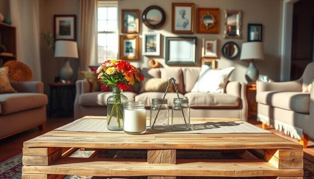 A cozy living room scene showcasing budget-friendly DIY decor ideas. In the foreground, a handcrafted pallet coffee table adorned with an arrangement of mason jar candles, fresh flowers, and a stylish table runner. The middle ground features a colorful gallery wall with framed artwork made from upcycled materials, including vintage prints and decorative mirrors. In the background, a warm, inviting atmosphere enhanced by natural light streaming through sheer curtains, casting soft shadows. The mood is cheerful and inviting, promoting creativity and warmth. The angle captures the entire room, drawing attention to the DIY elements and their vibrant colors, giving a sense of homey transformation without the need for expensive updates. Realistic textures in the wood and fabrics add authenticity to the scene.