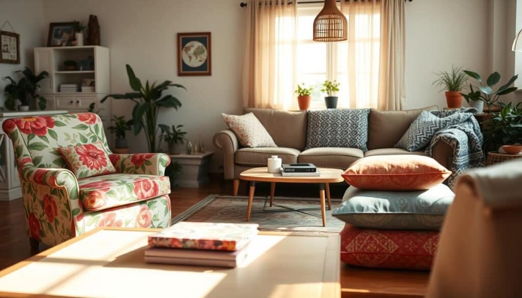 A cozy living room scene showcasing budget-friendly fabric updates, highlighted in the foreground by a beautifully reupholstered armchair in a vibrant floral print. Nearby, a simple coffee table displays a stack of colorful throw pillows, each with distinct, low-cost fabric patterns. In the middle ground, a well-worn, wooden sofa adorned with a chic, patterned fabric throw sits against a softly lit wall. The backdrop features an inviting window with sheer curtains that allow soft morning light to spill in, creating a warm atmosphere. The room is styled with potted plants, a vintage rug, and tasteful decor items, evoking a comfortable yet stylish home. The angle is slightly elevated, capturing the inviting essence of DIY textile transformations in a naturally lit space.