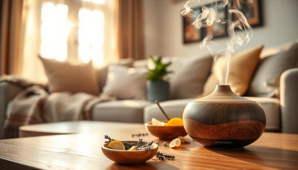 A cozy living room scene showcasing natural scents to enhance ambiance. In the foreground, a beautifully arranged coffee table features a small wooden bowl filled with dried lavender and citrus peels. A ceramic diffuser gently releases wisps of steam, hinting at a calming essential oil blend. In the middle, a plush couch with soft, earth-toned cushions and a woven throw blanket invites relaxation. A potted plant adds a touch of greenery, symbolizing freshness. The background reveals a sunlit window with sheer curtains, allowing warm, golden light to filter in and create an uplifting atmosphere. The overall mood is serene and inviting, ideal for a tranquil home setting. Use a soft focus lens with a shallow depth of field to emphasize the natural elements and textures, evoking a refreshing sensory experience. A cozy living room scene showcasing natural scents to enhance ambiance. In the foreground, a beautifully arranged coffee table features a small wooden bowl filled with dried lavender and citrus peels. A ceramic diffuser gently releases wisps of steam, hinting at a calming essential oil blend. In the middle, a plush couch with soft, earth-toned cushions and a woven throw blanket invites relaxation. A potted plant adds a touch of greenery, symbolizing freshness. The background reveals a sunlit window with sheer curtains, allowing warm, golden light to filter in and create an uplifting atmosphere. The overall mood is serene and inviting, ideal for a tranquil home setting. Use a soft focus lens with a shallow depth of field to emphasize the natural elements and textures, evoking a refreshing sensory experience.
