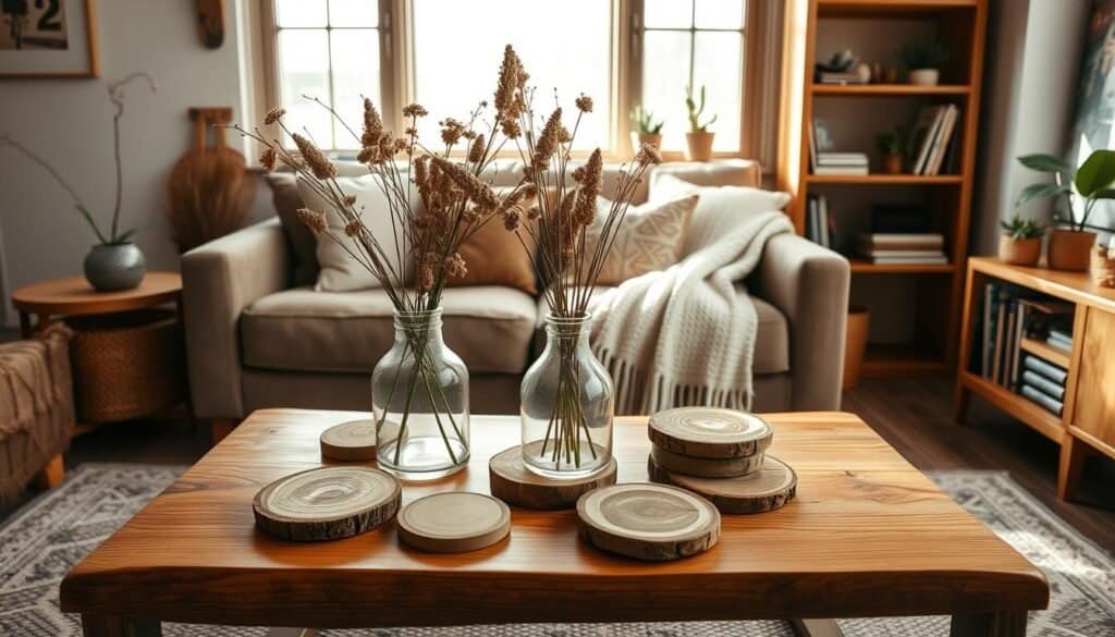 A cozy living room setting featuring budget-friendly natural wood details that create warmth and charm. In the foreground, a rustic wooden coffee table showcases assorted natural wood coasters and a simple vase filled with dried flowers. The middle ground includes a comfortable sofa adorned with soft, neutral throw pillows and a knitted blanket, while a wooden bookshelf displays neatly arranged books and small potted plants. In the background, a large window lets in soft, diffused sunlight, casting gentle shadows across the room. The overall mood is inviting and serene, encouraging relaxation and connection with nature. Capture this scene from a slightly elevated angle to emphasize the layered textures and natural elements. No text or markings present in the image.