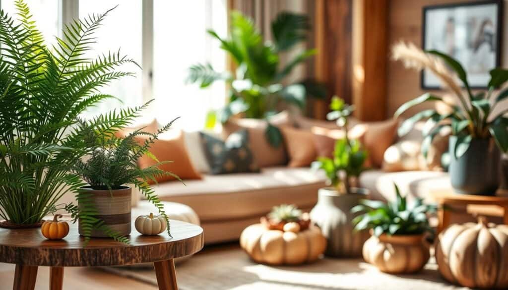 A cozy living space featuring seasonal decor, highlighting lush green plants such as ferns and succulents alongside elegantly crafted wooden accents. In the foreground, there is a small wooden side table adorned with a potted plant and seasonal decorative elements like small pumpkins or pinecones. The middle section includes a plush couch with soft, earthy-colored cushions, surrounded by larger plants in decorative pots. In the background, natural light streaming in through a large window creates a warm, inviting atmosphere, casting soft shadows across the room. Utilize a shallow depth of field to focus on the details of the wooden textures and the vibrant greens of the plants, conveying a fresh and rejuvenating mood perfect for seasonal updates.