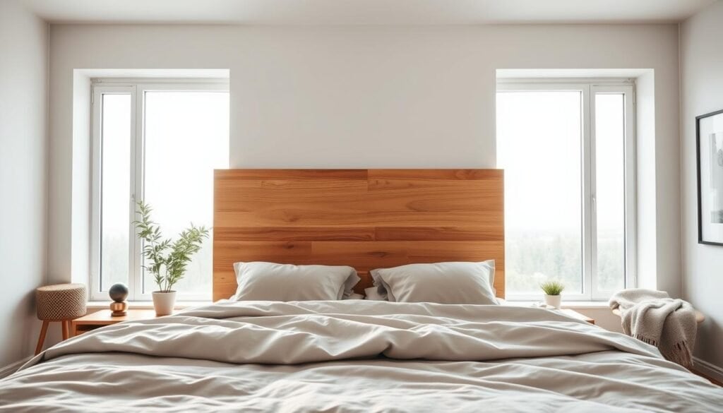 A cozy modern bedroom featuring a warm wooden headboard as the focal point. The headboard is crafted from rich oak with a sleek, minimalist design, showcasing its natural grain and texture. In the foreground, soft, luxurious bedding in muted tones complements the headboard, while plush pillows add comfort. In the middle ground, a stylish nightstand with a small potted plant and a contemporary lamp enhances the inviting atmosphere. In the background, large windows let in gentle, diffused sunlight, casting soft shadows across the room. The room is adorned with subtle decorative elements, such as a cozy throw and framed art, creating a serene and harmonious mood. The image captures a peaceful and refreshing ambiance, perfect for a bedroom setting. Realistic home décor and woodworking photos. No overlays, logos, watermarks, or promotional text.