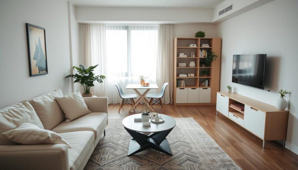 A cozy, modern living room showcasing strategic furniture placement in a small space. In the foreground, a stylish sectional sofa in a light color complements a sleek coffee table with geometric design. The middle of the room features a compact dining area with minimalist chairs and a foldable table, maximizing versatility. A lightweight, elegant bookshelf lines the back wall, displaying curated décor and greenery for added warmth. Soft, natural lighting pours in from a large window, creating a bright and inviting atmosphere. An angle from slightly above captures the layout effectively, emphasizing flow and openness while ensuring the furnishings appear functional and aesthetically pleasing. The overall mood is fresh, clean, and thoughtfully designed.