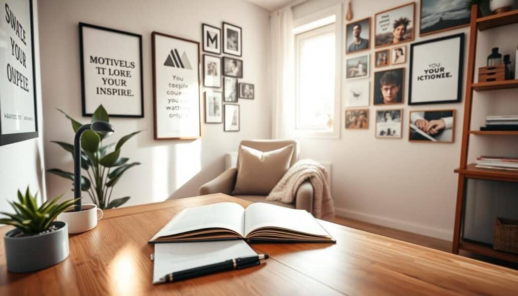 A cozy motivation corner in a home, featuring a stylish desk with a wooden surface, adorned with motivational quotes framed in minimalistic designs. In the foreground, a small indoor plant adds freshness, while an open notebook and a sleek pen suggest creativity in action. In the middle, a comfortable chair upholstered in soft fabric invites relaxation, beside a soft throw blanket draped casually. The background features a well-lit wall filled with personal images and art pieces that inspire, illuminated by warm, natural light streaming through a window. The atmosphere is inviting, serene, and encourages focus and positive energy. A wide-angle perspective captures the entire scene, emphasizing the harmony of colors and textures without any text or branding.