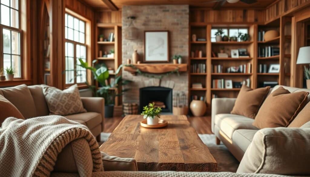 A cozy natural wood living room featuring rich wood accents in various shades, with a rustic wooden coffee table at the center, surrounded by soft, textured cushions on a plush sofa. In the foreground, a warm throw blanket is draped over the arm of the couch. The middle ground showcases an inviting fireplace with wooden mantels and a couple of potted green plants that add a touch of nature. The background features wooden shelves filled with books and decorative items, enhancing the warm ambiance. Soft, diffused lighting creates a welcoming glow, while large windows let in natural light, casting gentle shadows. The overall atmosphere is calming and homey, perfect for relaxation and comfort without any distractions.