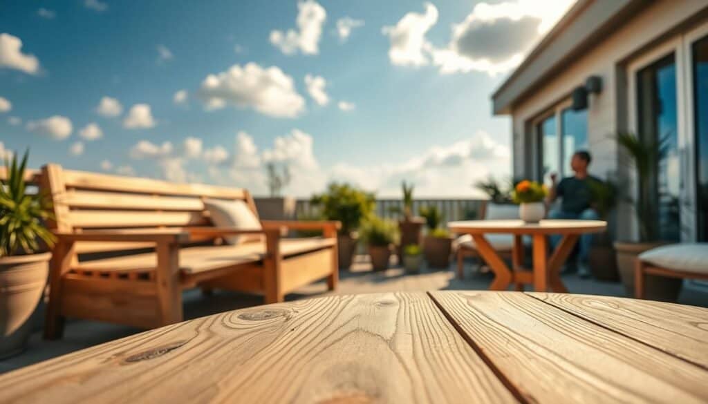 A cozy outdoor patio featuring space-saving wooden furniture pieces, such as a compact, elegant bench and a small, round dining table with light wood finish. In the foreground, focus on the textured grains of the wood, highlighting intricate details like knots and natural imperfections. The middle ground should show potted plants and soft cushions enhancing the inviting atmosphere. In the background, a bright blue sky with gentle white clouds adds a serene touch. Capture this scene during late afternoon with warm, golden sunlight casting soft shadows. Use a wide-angle lens to create an inviting perspective, evoking a peaceful and refreshing outdoor escape. The overall mood should be relaxing and welcoming, perfect for enjoying fresh air.