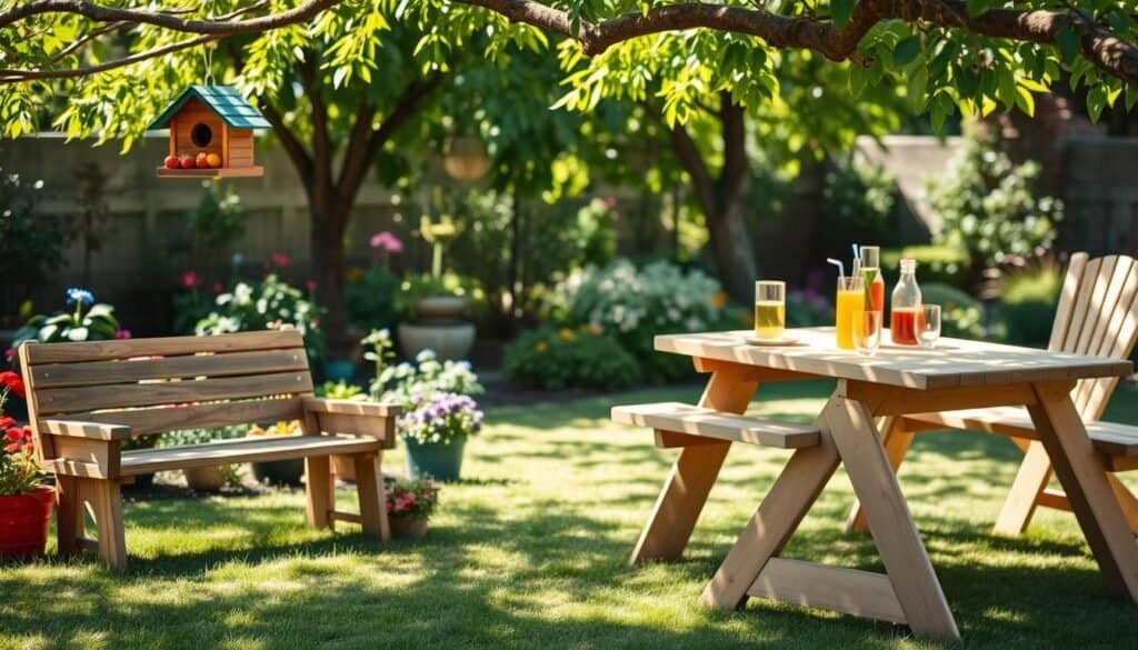 A cozy outdoor scene featuring a variety of DIY wood projects ideal for beginners. In the foreground, a handmade wooden bench with a rustic finish sits on a grassy area, surrounded by vibrant flower pots. Nearby, a small wooden birdhouse hangs from a tree branch, adorned with colorful paint. In the middle ground, a simple wooden picnic table showcases fresh fruit and drinks, inviting relaxation. The background reveals a lush garden with sunlight filtering through the leaves, creating a warm and inviting atmosphere. Soft shadows cast by the trees enhance the sense of tranquility. The image has a bright, natural lighting effect, with a slight shallow depth of field to keep the focus on the wooden creations, evoking a feeling of serenity and inspiration for outdoor projects.