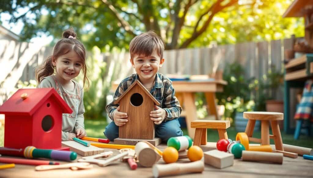 A cozy outdoor scene featuring children joyfully engaged in kid-friendly woodworking projects. In the foreground, a young girl and boy, dressed in modest casual clothing, are happily working on a wooden birdhouse, surrounded by colorful tools and wood scraps. The middle area showcases their brightly painted projects, including simple toys like a wooden car and a small stool. In the background, a sunny backyard is filled with greenery and a sturdy workbench, with soft sunlight filtering through the trees, casting gentle shadows. The atmosphere is cheerful and creative, evoking a sense of fun and exploration in woodworking. The camera angle captures the kids at eye level, emphasizing their enthusiasm and the vibrancy of the scene, with a shallow depth of field to keep the focus on their activities.