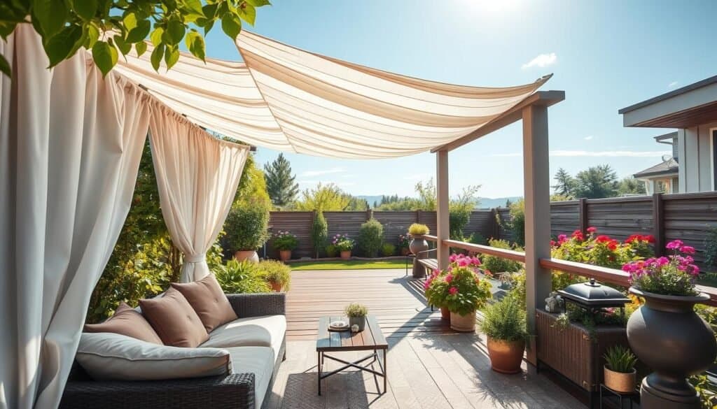 A cozy outdoor space equipped with high-quality weather protection features, such as a stylish, modern pergola draped with sheer white fabric and surrounded by lush greenery. In the foreground, a chic, comfortable seating area with soft cushions in earthy tones and a small coffee table, inviting relaxation. The middle ground showcases a beautifully designed deck with wooden flooring, complemented by potted plants and decorative elements that enhance the tranquil atmosphere. In the background, a serene garden with colorful flowers under a bright blue sky, filtered sunlight casting gentle shadows. The scene should evoke a calm, inviting mood, illuminated by warm, soft sunlight. Capture the essence of an outdoor sanctuary where one can enjoy their space in any weather condition, viewed from a slightly elevated angle to encompass the full layout. A cozy outdoor space equipped with high-quality weather protection features, such as a stylish, modern pergola draped with sheer white fabric and surrounded by lush greenery. In the foreground, a chic, comfortable seating area with soft cushions in earthy tones and a small coffee table, inviting relaxation. The middle ground showcases a beautifully designed deck with wooden flooring, complemented by potted plants and decorative elements that enhance the tranquil atmosphere. In the background, a serene garden with colorful flowers under a bright blue sky, filtered sunlight casting gentle shadows. The scene should evoke a calm, inviting mood, illuminated by warm, soft sunlight. Capture the essence of an outdoor sanctuary where one can enjoy their space in any weather condition, viewed from a slightly elevated angle to encompass the full layout.