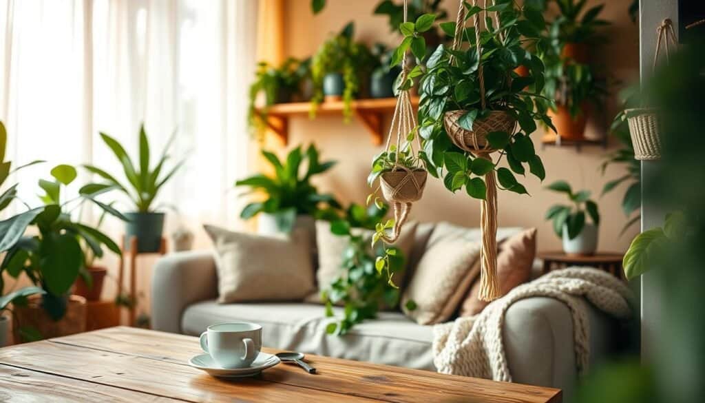 A cozy room filled with a variety of indoor plants, including a lush Monstera, a small succulent arrangement, and a cascading Pothos hanging from a macramé holder. In the foreground, a rustic wooden table with a coffee cup and some gardening tools evokes warmth. The middle section features a comfortable, soft couch adorned with textured cushions, surrounded by plant-filled shelves and a cozy knit blanket draping off one side. In the background, soft natural light filters through sheer curtains, creating a serene and inviting atmosphere. The scene is captured with a warm color palette and a slightly blurred depth of field, highlighting the vibrant greens of the plants while emphasizing the cozy, relaxed mood of the space.