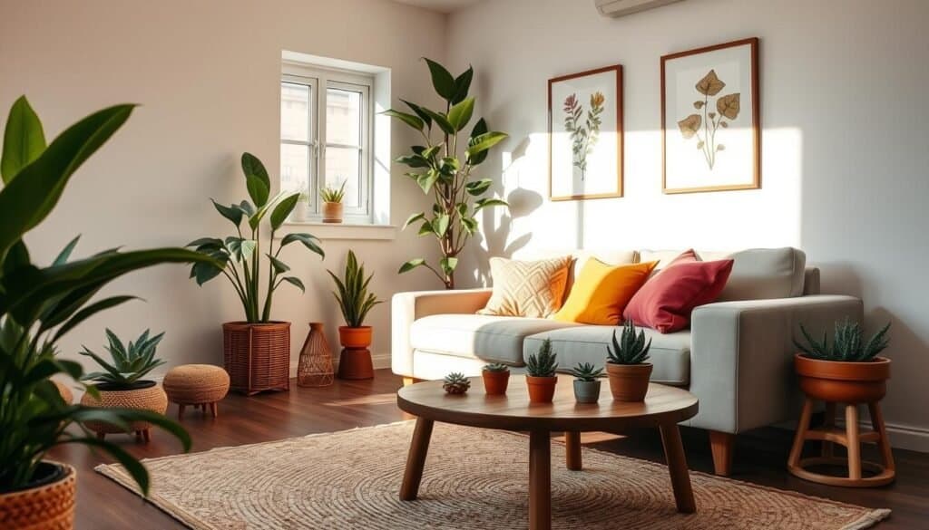 A cozy small living room decor featuring lush indoor plants harmoniously blended with warm wooden accents. In the foreground, a plush woven rug complements a low wooden coffee table adorned with small potted succulents. The middle ground showcases a stylish sofa dressed in soft, neutral tones, accented by colorful throw pillows. A tall, leafy plant in a terracotta pot stands next to the sofa, adding a natural touch. The walls are painted in a light, inviting hue, with framed botanical art adding visual interest. In the background, a window allows natural light to filter in, casting soft shadows and creating an inviting atmosphere. The overall mood is warm and serene, perfect for maximizing both comfort and style in limited spaces.