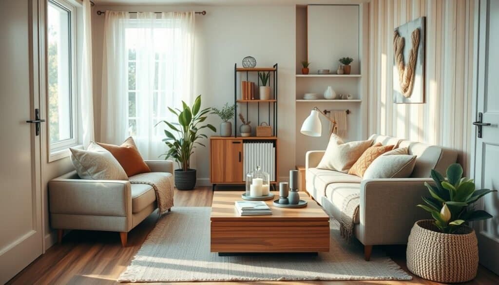 A cozy small living space, beautifully arranged to showcase effective design solutions. In the foreground, a stylishly decorated corner with a compact, plush sofa adorned with soft throw pillows and a warm, knitted blanket. In the middle, a sleek, multifunctional coffee table that doubles as storage, surrounded by cozy, inviting decor items like candles and books. The background features a small bookshelf with a mix of plants and decorative pieces, and a light, airy window allowing soft morning light to flood the room, creating a serene atmosphere. Use a warm color palette with light wood tones and soft textiles, captured from a slightly elevated angle to highlight the space's clever design. The overall mood is warm, inviting, and relaxing.