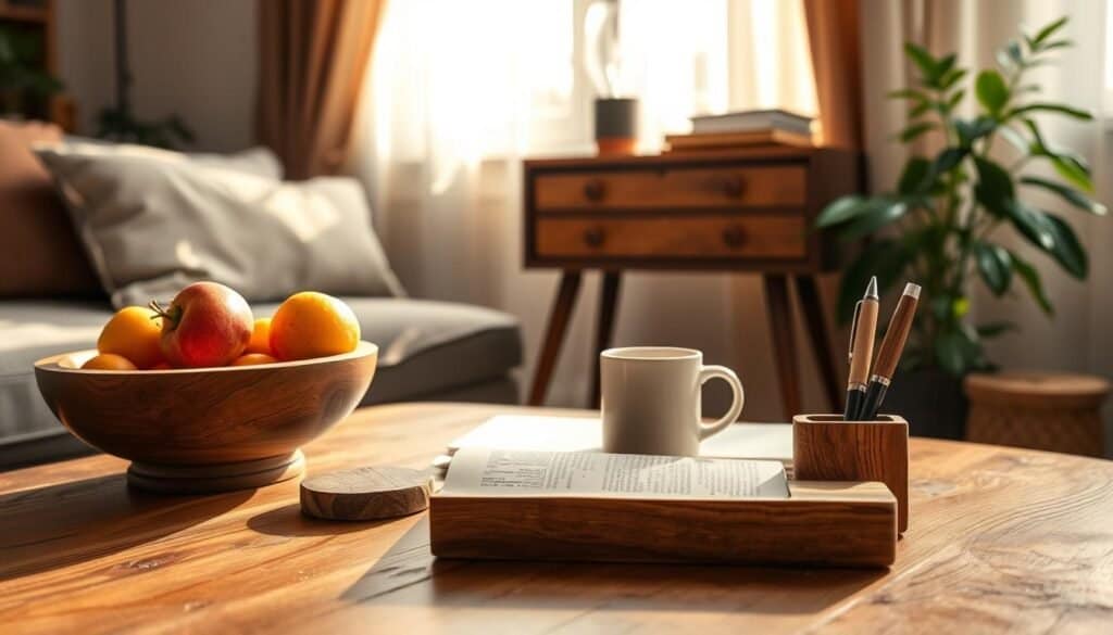 A cozy, sunlit living room featuring practical wooden accessories thoughtfully arranged on a rustic coffee table. In the foreground, showcase a finely crafted wooden bowl filled with fresh fruits, a handcrafted coasters set, and a simple wooden pen holder. The middle layer reveals a vintage-style wooden side table holding a steaming mug and an open book, framed by a potted plant on one side. The background presents a softly lit window with sheer curtains letting in warm, natural light, casting gentle shadows. Use a shallow depth of field to create an inviting, intimate atmosphere while focusing on the texture of the wood and the warmth of the scene, evoking a sense of comfort and homeliness in a modern, practical setting.