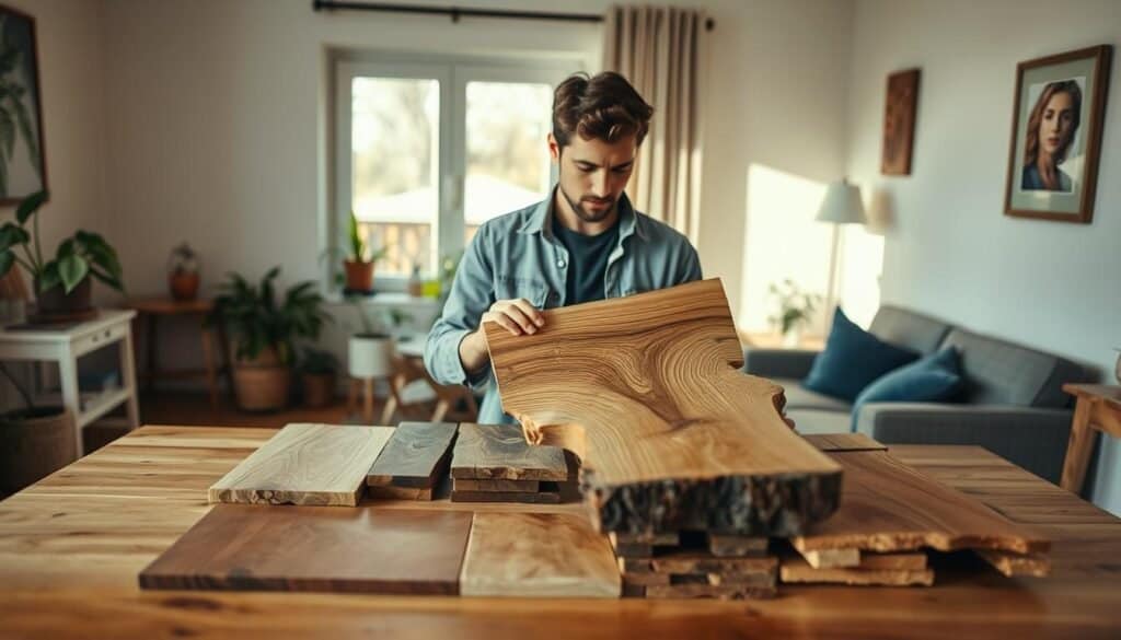 A cozy, well-lit interior scene featuring a person thoughtfully selecting a piece of wood for home décor. In the foreground, a carefully arranged wooden table showcases a variety of wood samples, including oak, walnut, and maple, each displaying their unique textures and colors. The middle ground highlights the individual, dressed in modest casual clothing, examining a particularly striking piece of reclaimed wood, their expression reflecting their consideration of its fit for their space. In the background, a warm, inviting atmosphere is created with soft, natural light filtering through a window, gently illuminating plants and minimalist furniture, enhancing the feeling of a welcoming home environment. The overall mood should be calm and inspiring, emphasizing the importance of selecting the right wood piece to refresh a living space.