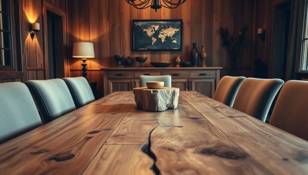 A cozy wooden dining room featuring a rustic table made of reclaimed wood with natural grain patterns, surrounded by elegant, upholstered chairs. In the foreground, a handcrafted wooden centerpiece adds character. The middle ground displays a simple yet stylish wooden sideboard adorned with decorative wooden accents like bowls and vases. The background reveals softly lit walls showcasing wooden paneling, creating warmth and inviting ambience. Soft, warm lighting enhances the rich textures of the wood, casting gentle shadows. The scene is captured from a low angle, emphasizing the immersive depth of the space, instilling a sense of comfort and homeliness in the dining area, perfect for family gatherings or intimate dinners.