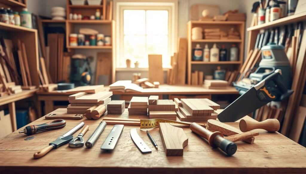 A cozy woodworking workspace filled with essential tools for beginners. In the foreground, a sturdy wooden workbench is covered with neatly arranged hand tools: a chisel set, a tape measure, a saw, and a hammer. Various types of wood pieces, including pine and oak, are scattered about, ready for crafting. In the middle, a warm, inviting light filters through a nearby window, casting soft shadows across the scene. The background reveals organized shelves filled with wood glue, sandpaper, and paint cans, suggesting a creative atmosphere. The mood is relaxed and inspiring, encouraging beginners to start their woodworking journey. The overall composition is well-lit, with natural light emphasizing the textures of the wood and tools, inviting the viewer to imagine themselves in this creative space.