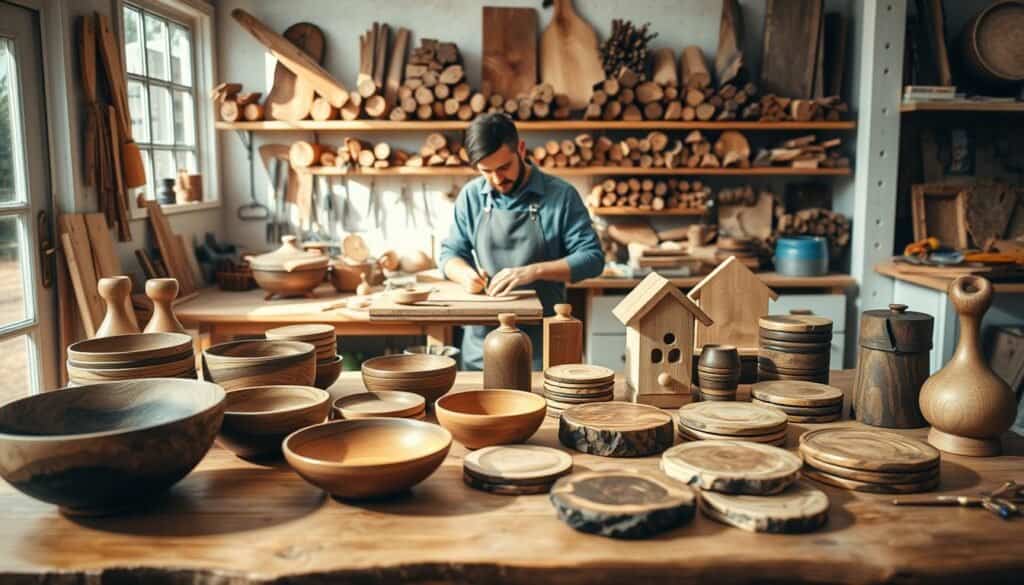 A cozy workshop filled with natural light, showcasing a variety of beautifully crafted wooden pieces ready for sale. In the foreground, a rustic wooden table is adorned with handmade items, such as elegant wooden bowls, simple birdhouses, and intricate coasters, each polished to reveal the rich grain of the wood. The middle section features a skillful artisan working on a new project, depicted in modest casual clothing, focused and content. Behind them, shelves lined with tools and wood types provide a warm, inviting atmosphere, while soft sunlight streams through the window, casting gentle shadows. The scene evokes a sense of creativity, inspiration, and the potential for turning woodworking skills into a profitable side hustle, appealing to those looking for artistic expression and entrepreneurship.